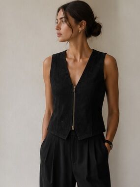 Vintage Rugged Wear Black Genuine Suede Leather Zip Front Vest Size S